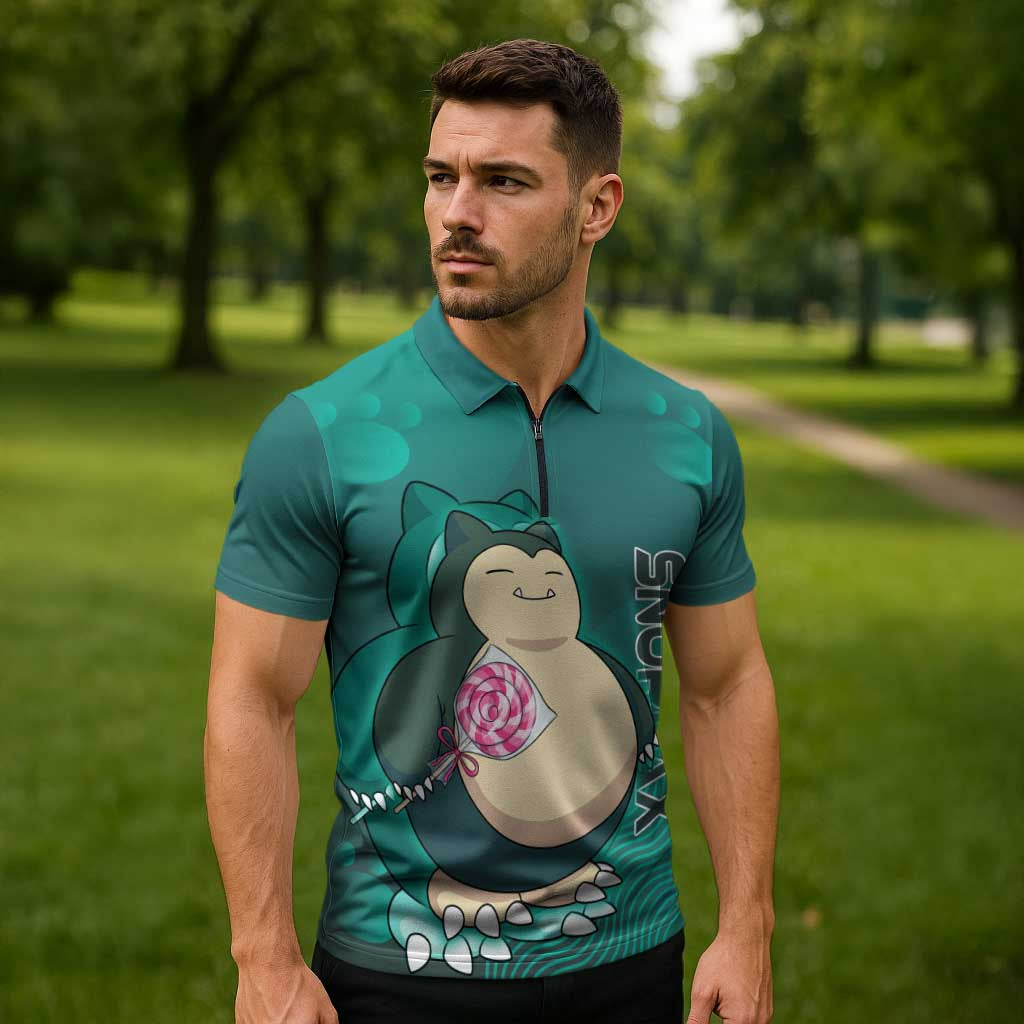 Snorlax Poké Zipper Polo Shirt Chill Mint Cartoon Bubble Style
