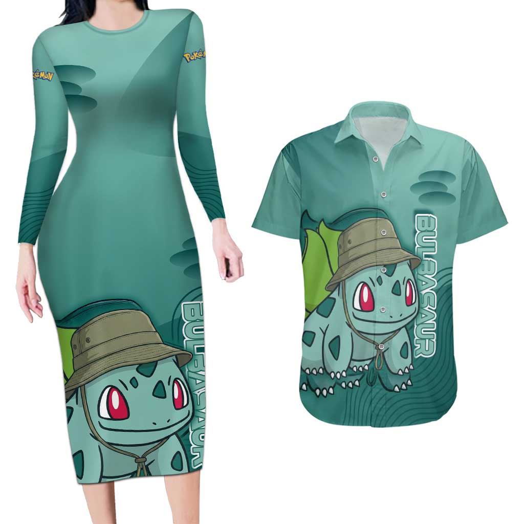 Bulbasaur Poké Couples Matching Long Sleeve Bodycon Dress and Hawaiian Shirt Explorer Jungle Chibi Style