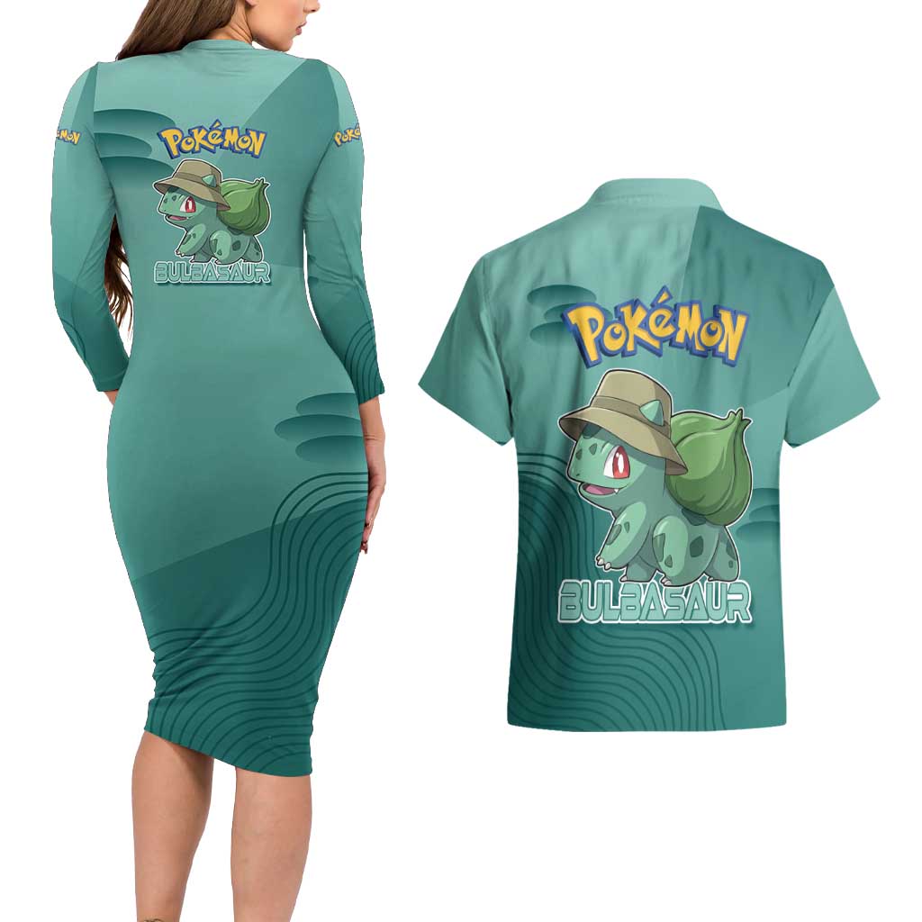 Bulbasaur Poké Couples Matching Long Sleeve Bodycon Dress and Hawaiian Shirt Explorer Jungle Chibi Style