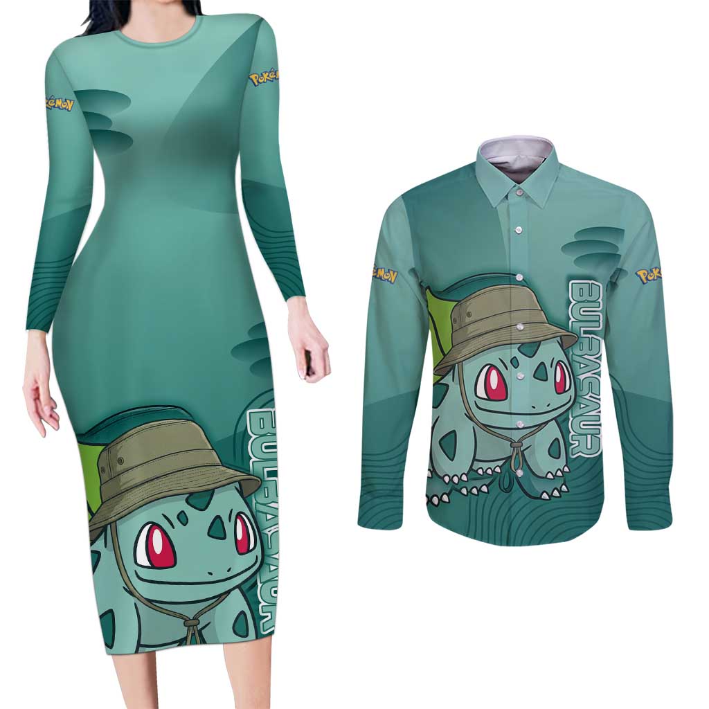Bulbasaur Poké Couples Matching Long Sleeve Bodycon Dress and Long Sleeve Button Shirt Explorer Jungle Chibi Style