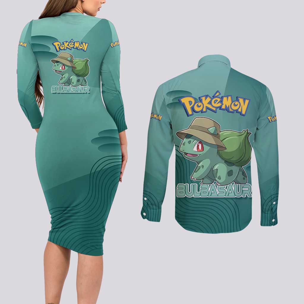 Bulbasaur Poké Couples Matching Long Sleeve Bodycon Dress and Long Sleeve Button Shirt Explorer Jungle Chibi Style