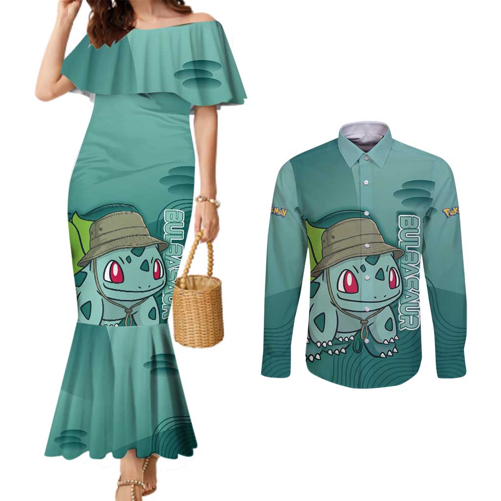 Bulbasaur Poké Couples Matching Mermaid Dress and Long Sleeve Button Shirt Explorer Jungle Chibi Style