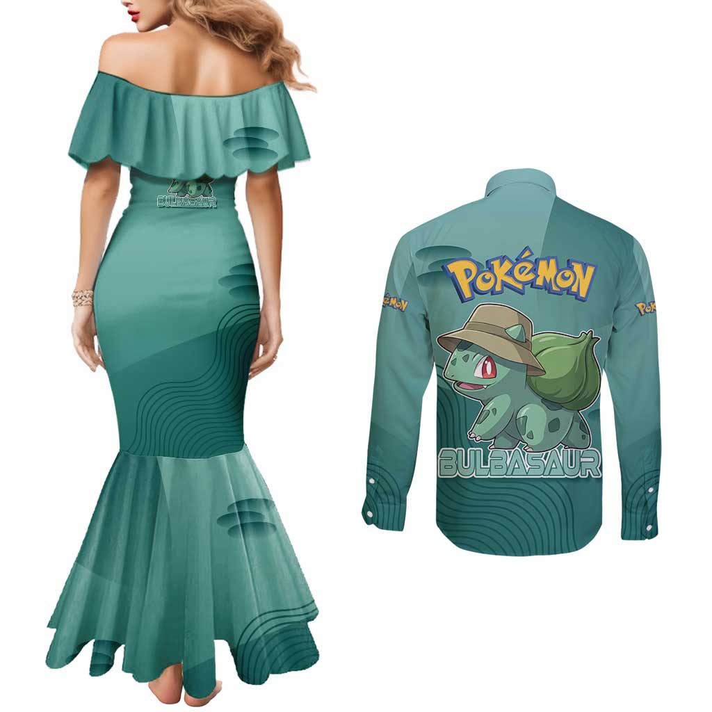Bulbasaur Poké Couples Matching Mermaid Dress and Long Sleeve Button Shirt Explorer Jungle Chibi Style