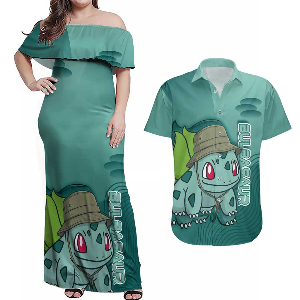 Bulbasaur Poké Couples Matching Off Shoulder Maxi Dress and Hawaiian Shirt Explorer Jungle Chibi Style
