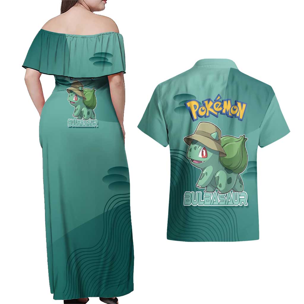 Bulbasaur Poké Couples Matching Off Shoulder Maxi Dress and Hawaiian Shirt Explorer Jungle Chibi Style