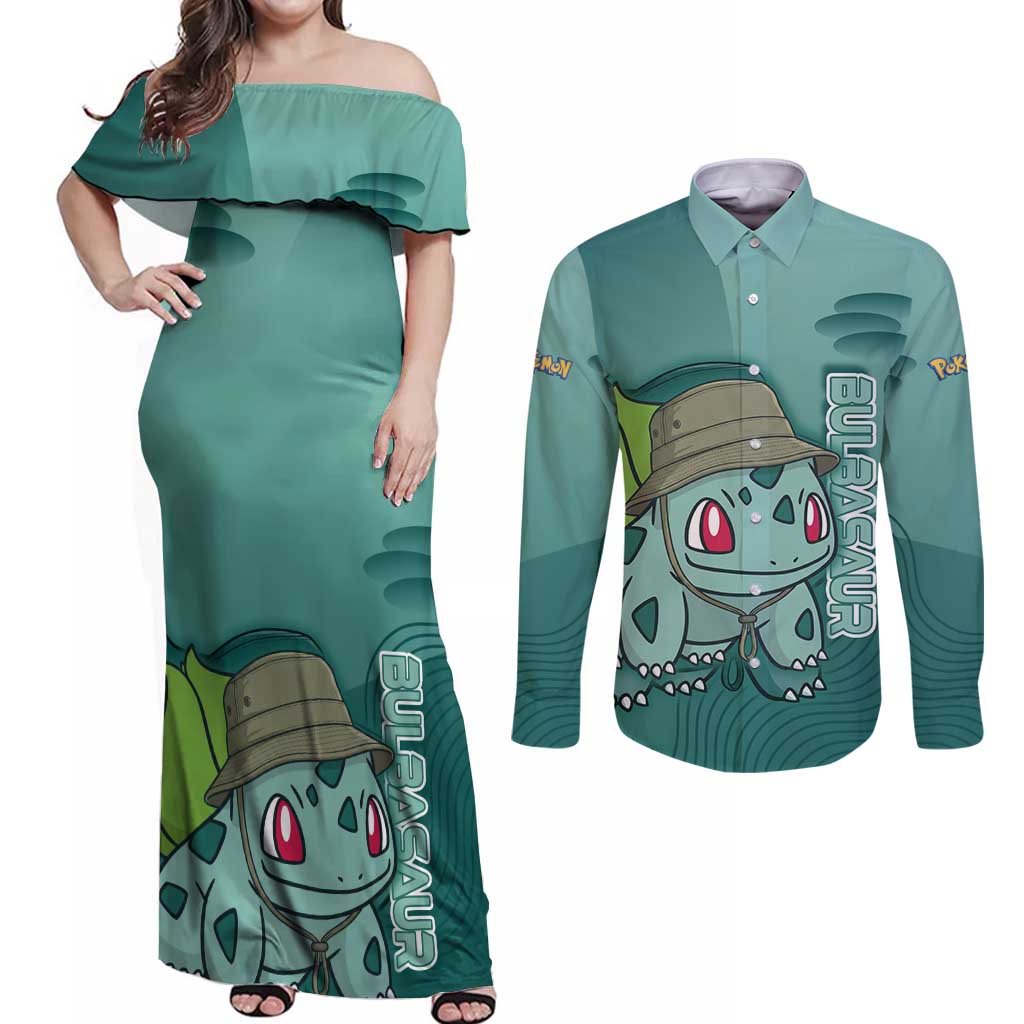 Bulbasaur Poké Couples Matching Off Shoulder Maxi Dress and Long Sleeve Button Shirt Explorer Jungle Chibi Style
