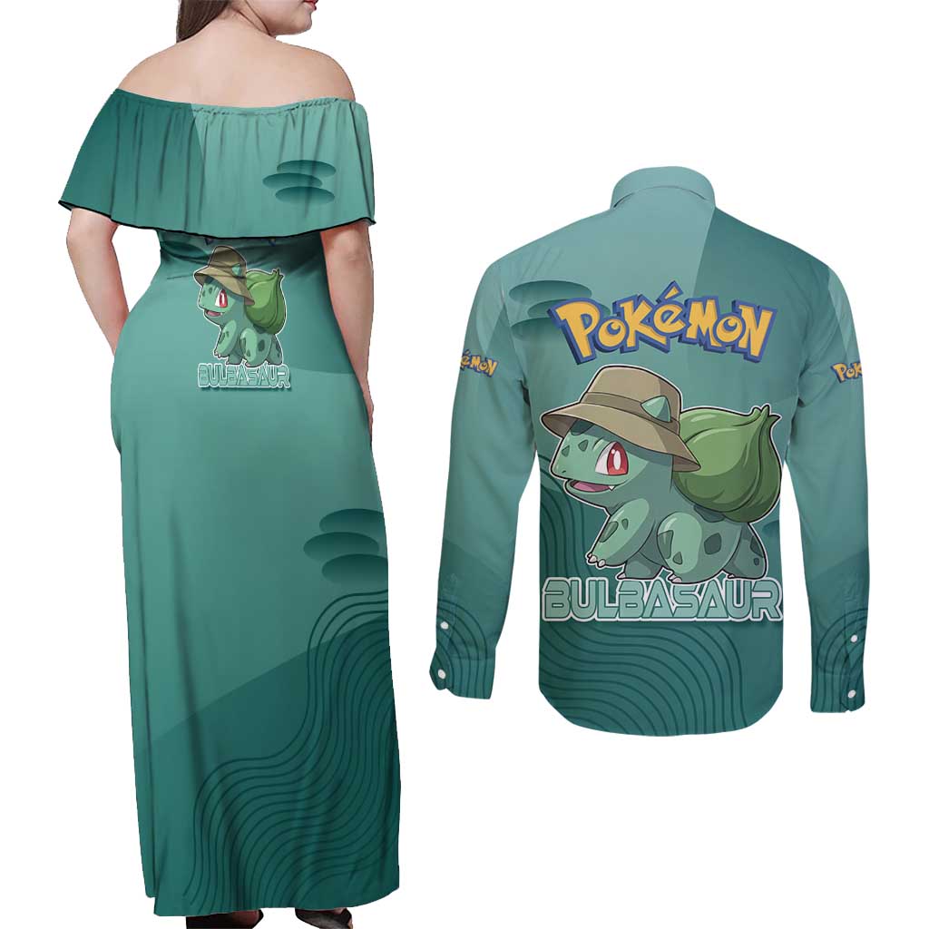 Bulbasaur Poké Couples Matching Off Shoulder Maxi Dress and Long Sleeve Button Shirt Explorer Jungle Chibi Style
