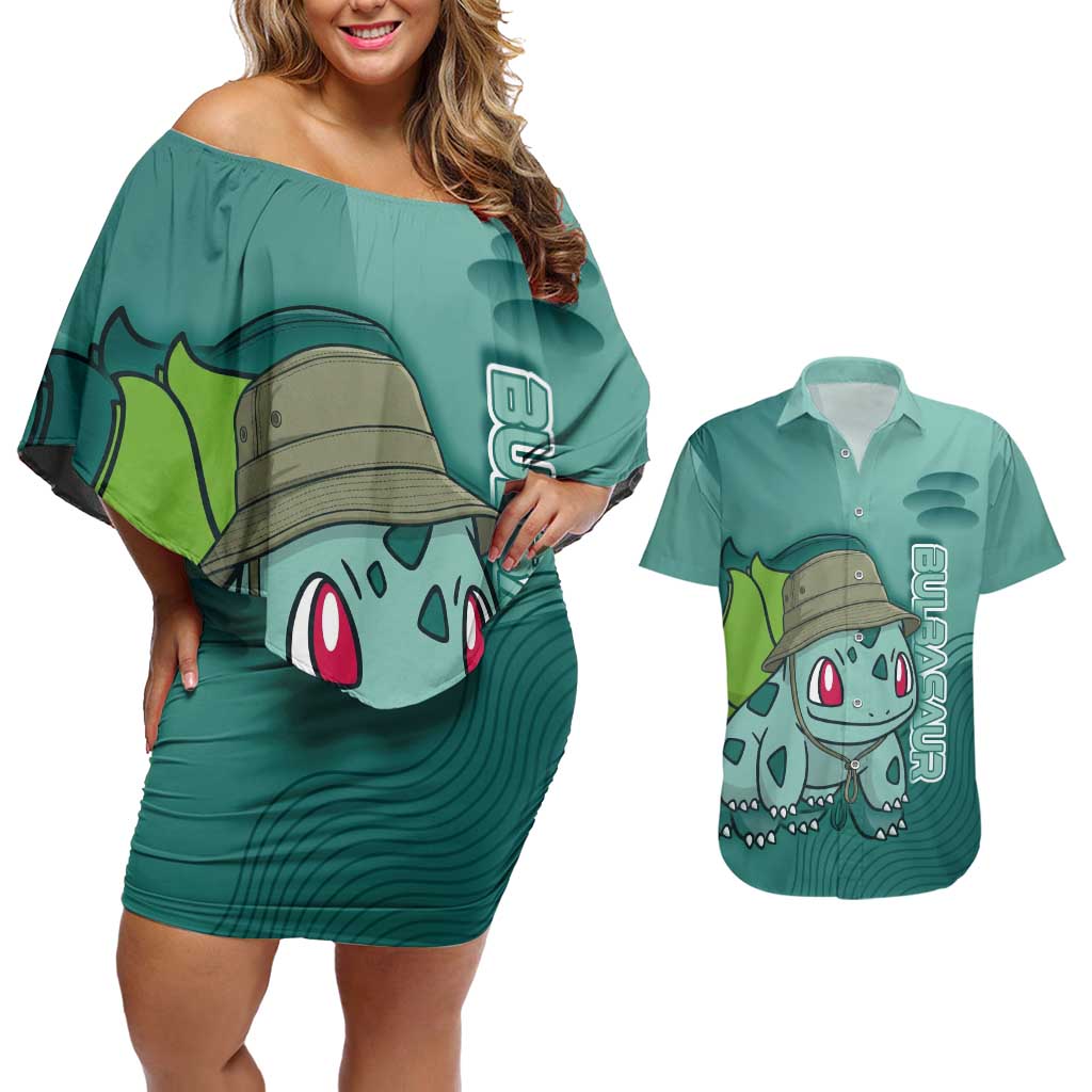 Bulbasaur Poké Couples Matching Off Shoulder Short Dress and Hawaiian Shirt Explorer Jungle Chibi Style