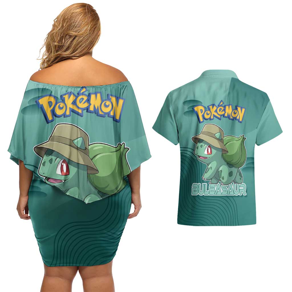 Bulbasaur Poké Couples Matching Off Shoulder Short Dress and Hawaiian Shirt Explorer Jungle Chibi Style