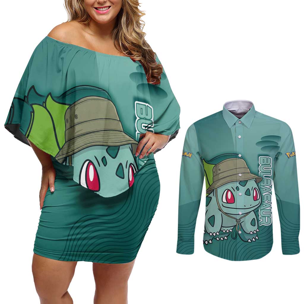 Bulbasaur Poké Couples Matching Off Shoulder Short Dress and Long Sleeve Button Shirt Explorer Jungle Chibi Style