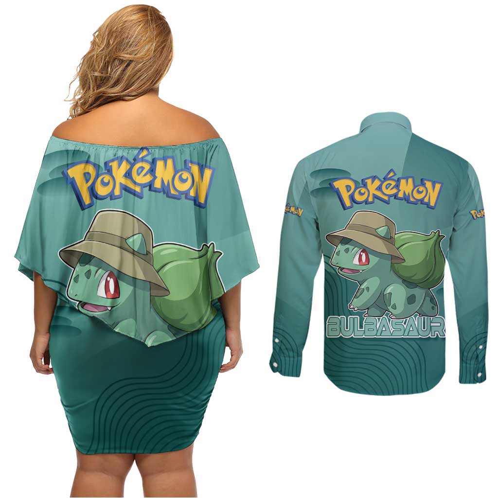 Bulbasaur Poké Couples Matching Off Shoulder Short Dress and Long Sleeve Button Shirt Explorer Jungle Chibi Style
