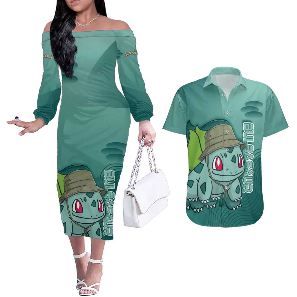 Bulbasaur Poké Couples Matching Off The Shoulder Long Sleeve Dress and Hawaiian Shirt Explorer Jungle Chibi Style