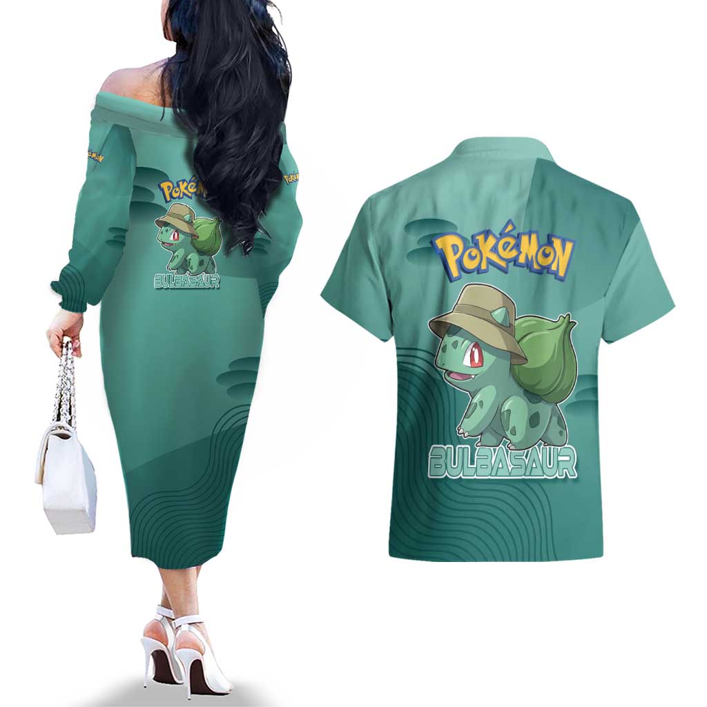 Bulbasaur Poké Couples Matching Off The Shoulder Long Sleeve Dress and Hawaiian Shirt Explorer Jungle Chibi Style