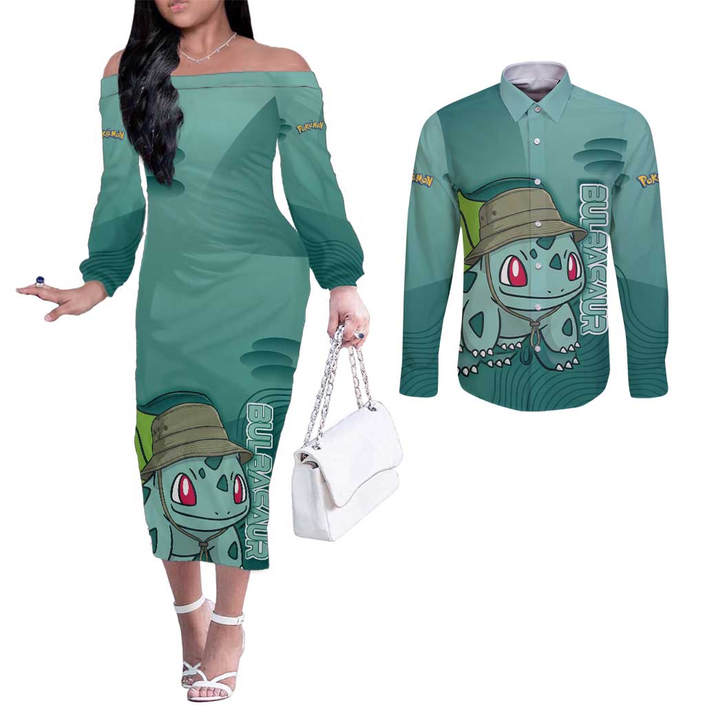 Bulbasaur Poké Couples Matching Off The Shoulder Long Sleeve Dress and Long Sleeve Button Shirt Explorer Jungle Chibi Style