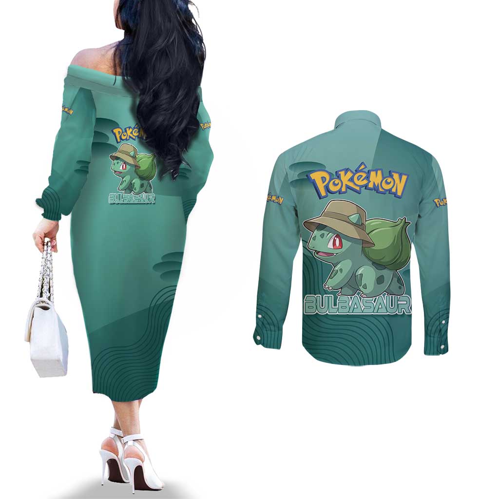 Bulbasaur Poké Couples Matching Off The Shoulder Long Sleeve Dress and Long Sleeve Button Shirt Explorer Jungle Chibi Style