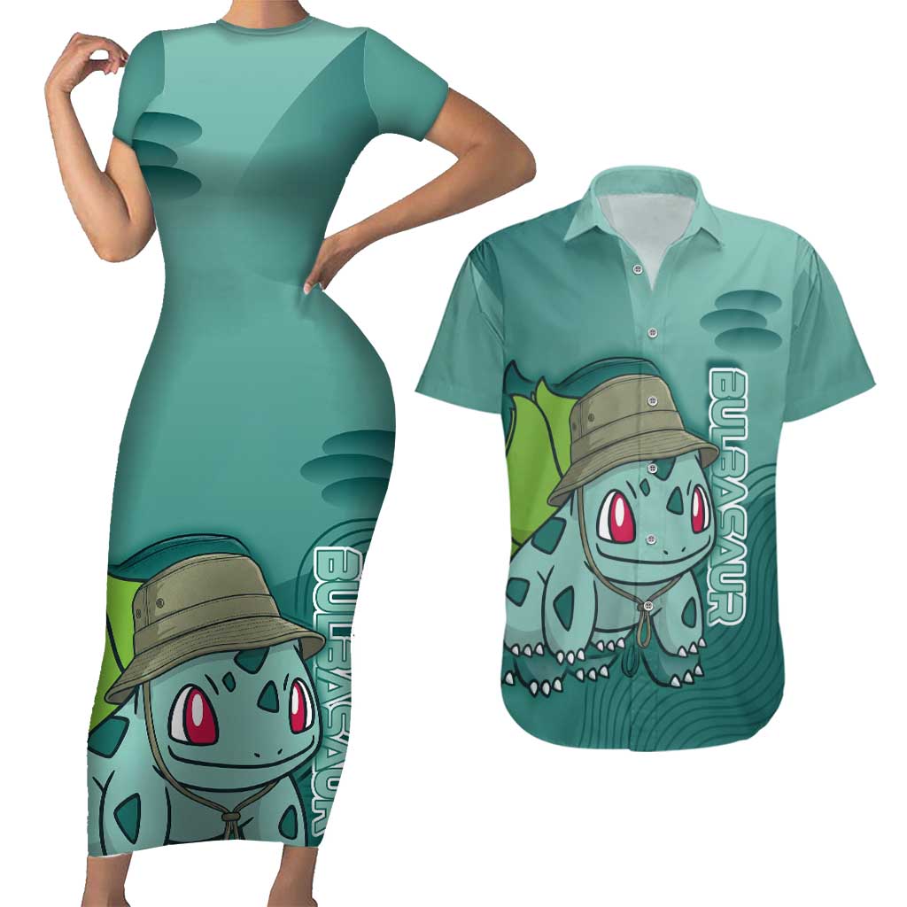 Bulbasaur Poké Couples Matching Short Sleeve Bodycon Dress and Hawaiian Shirt Explorer Jungle Chibi Style