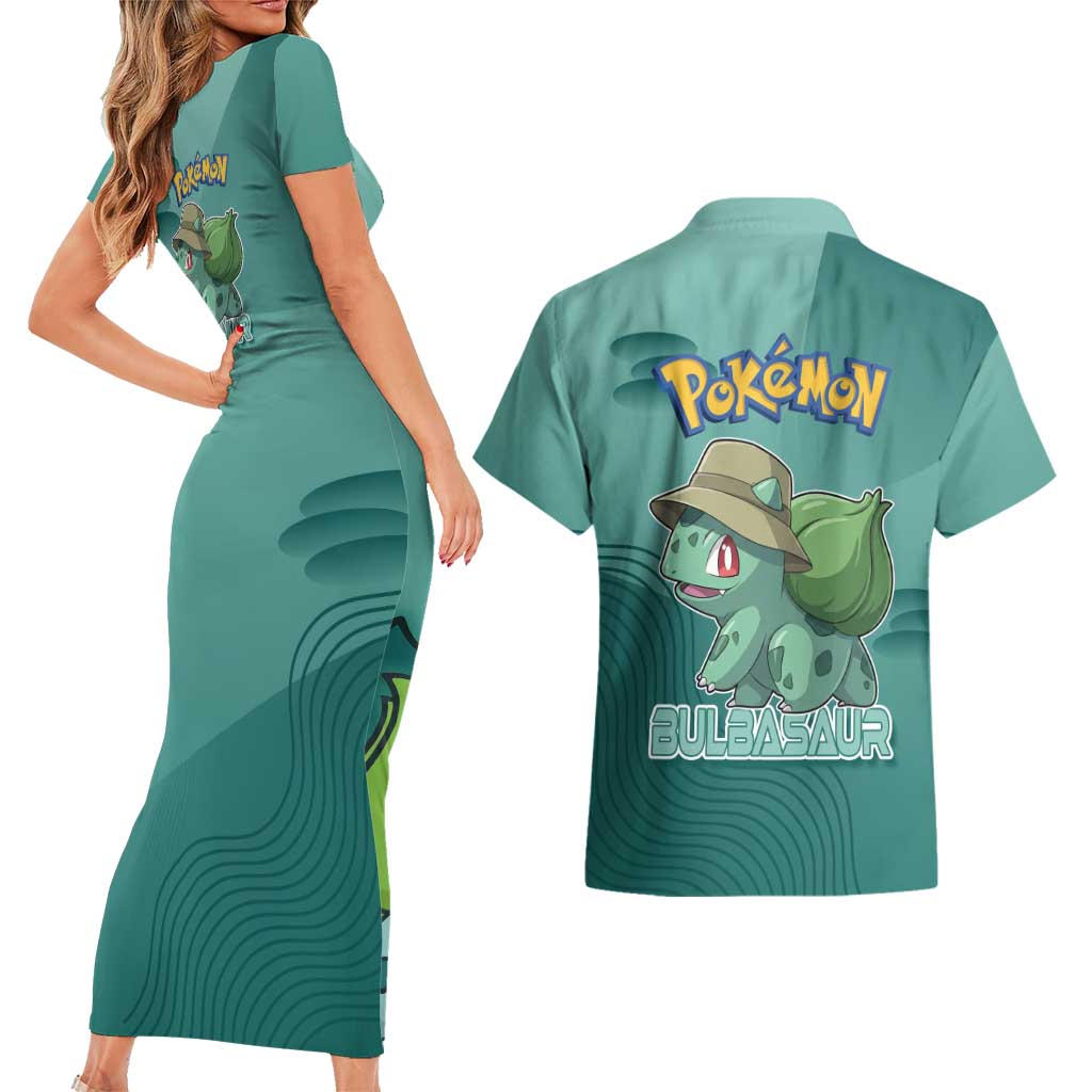 Bulbasaur Poké Couples Matching Short Sleeve Bodycon Dress and Hawaiian Shirt Explorer Jungle Chibi Style