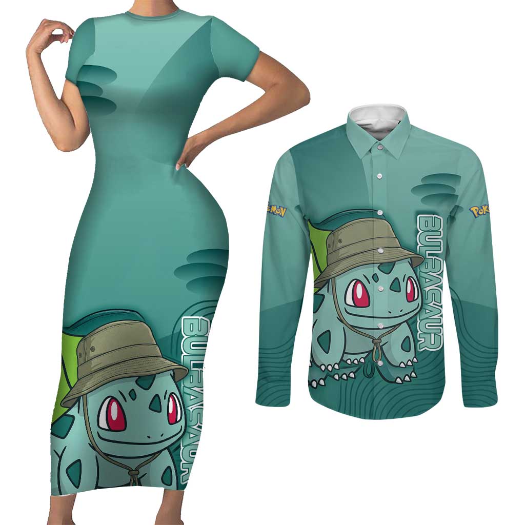 Bulbasaur Poké Couples Matching Short Sleeve Bodycon Dress and Long Sleeve Button Shirt Explorer Jungle Chibi Style