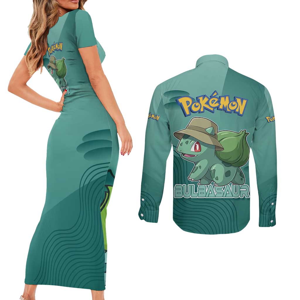 Bulbasaur Poké Couples Matching Short Sleeve Bodycon Dress and Long Sleeve Button Shirt Explorer Jungle Chibi Style