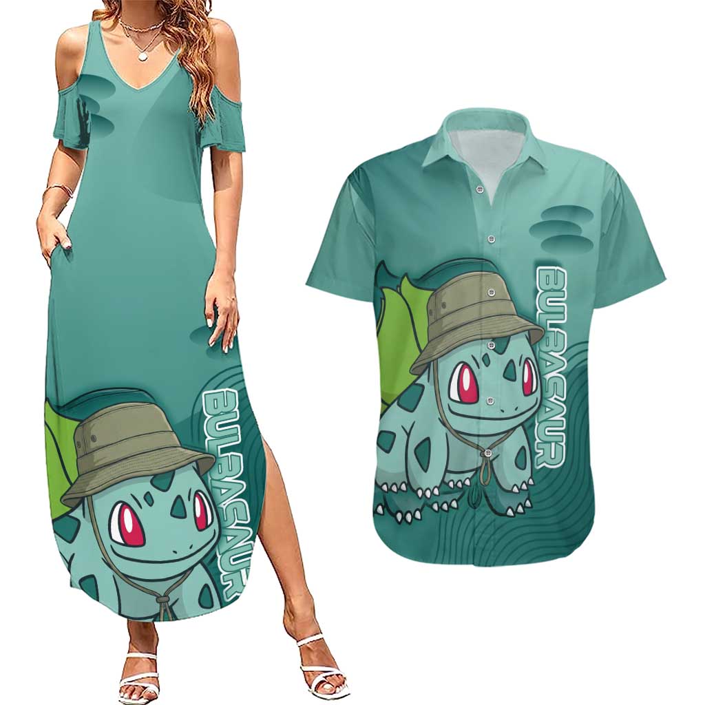 Bulbasaur Poké Couples Matching Summer Maxi Dress and Hawaiian Shirt Explorer Jungle Chibi Style