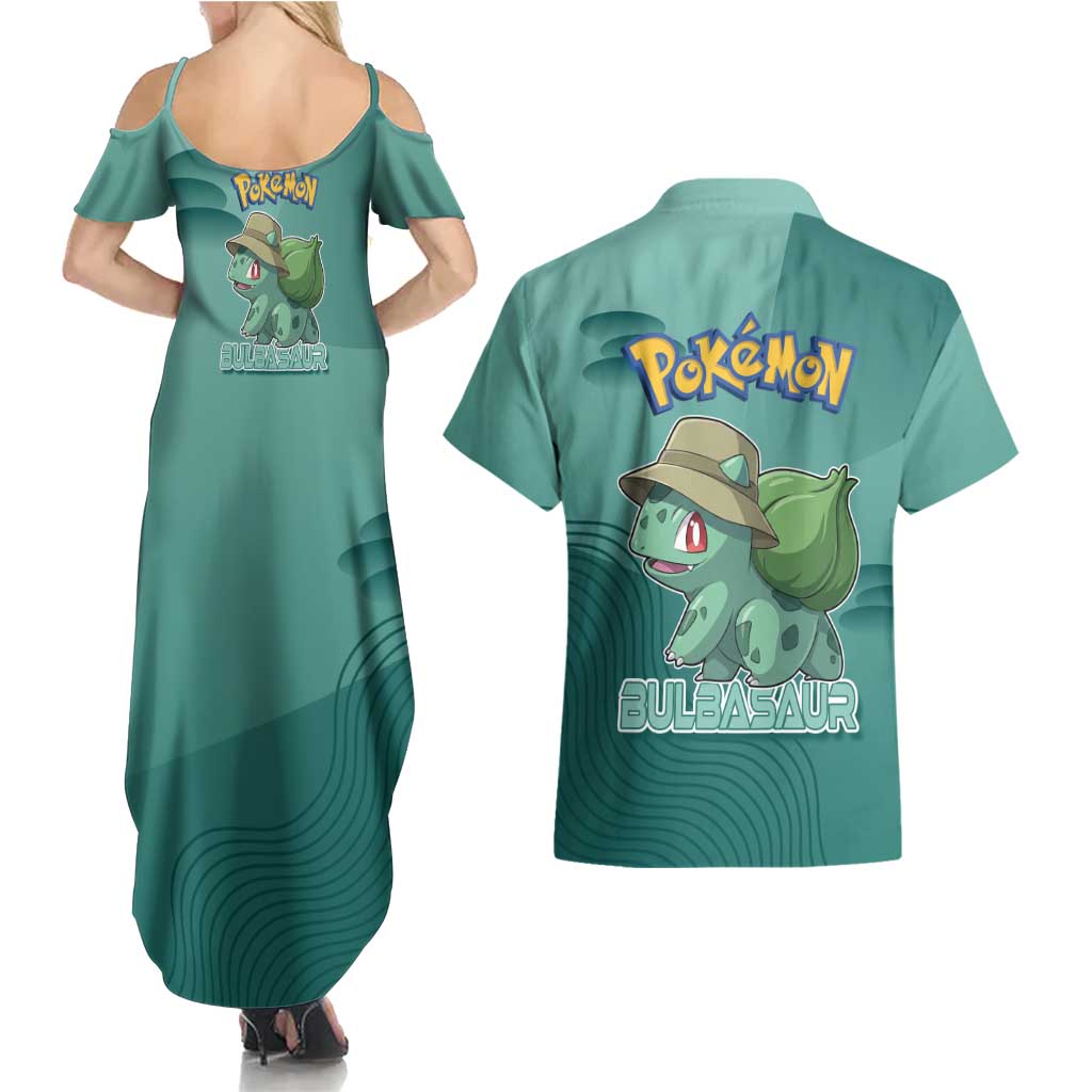 Bulbasaur Poké Couples Matching Summer Maxi Dress and Hawaiian Shirt Explorer Jungle Chibi Style