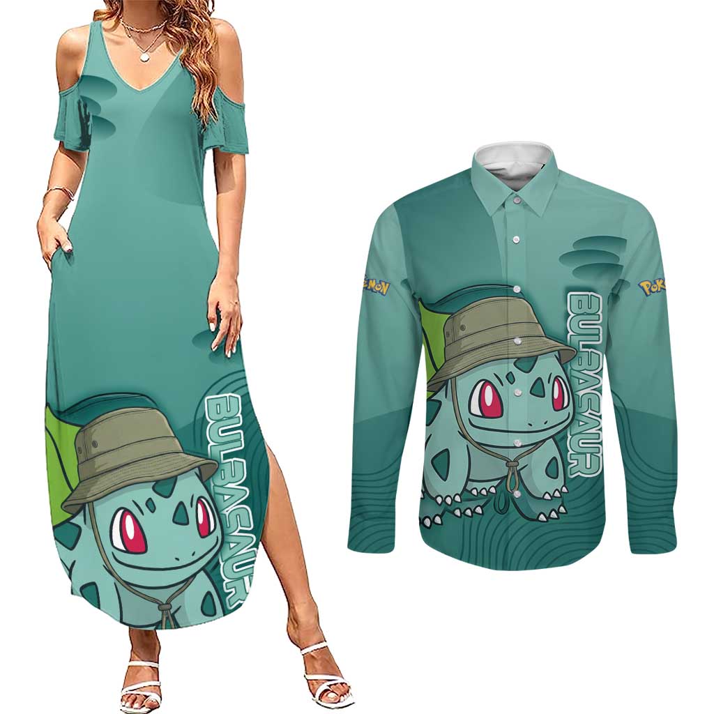 Bulbasaur Poké Couples Matching Summer Maxi Dress and Long Sleeve Button Shirt Explorer Jungle Chibi Style