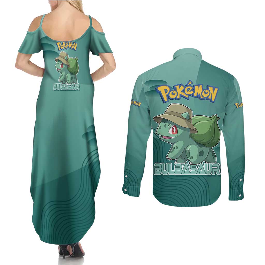 Bulbasaur Poké Couples Matching Summer Maxi Dress and Long Sleeve Button Shirt Explorer Jungle Chibi Style