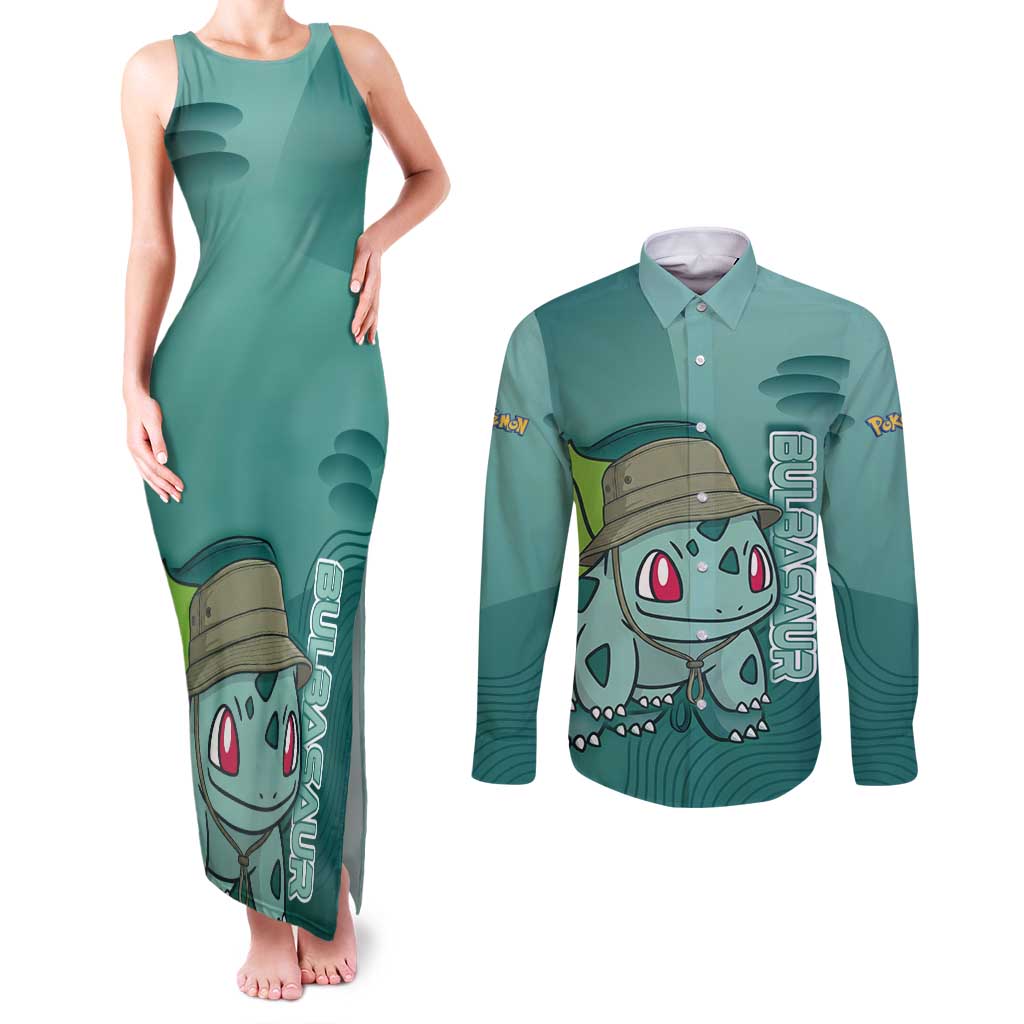 Bulbasaur Poké Couples Matching Tank Maxi Dress and Long Sleeve Button Shirt Explorer Jungle Chibi Style