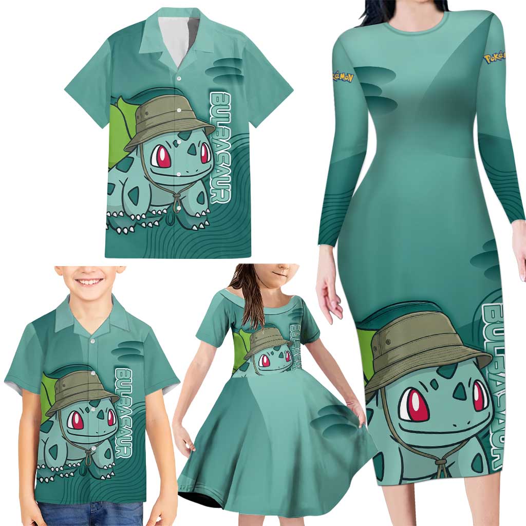 Bulbasaur Poké Family Matching Long Sleeve Bodycon Dress and Hawaiian Shirt Explorer Jungle Chibi Style