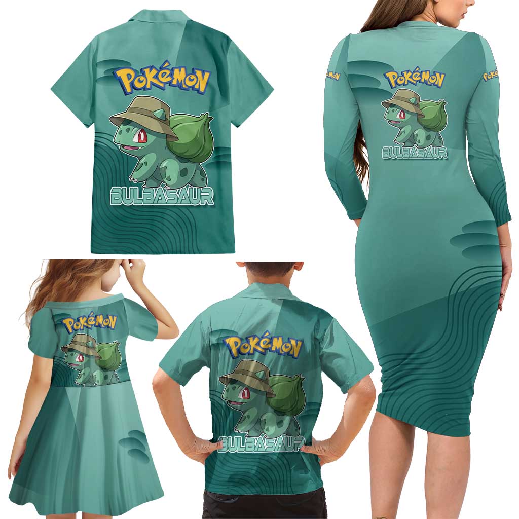 Bulbasaur Poké Family Matching Long Sleeve Bodycon Dress and Hawaiian Shirt Explorer Jungle Chibi Style