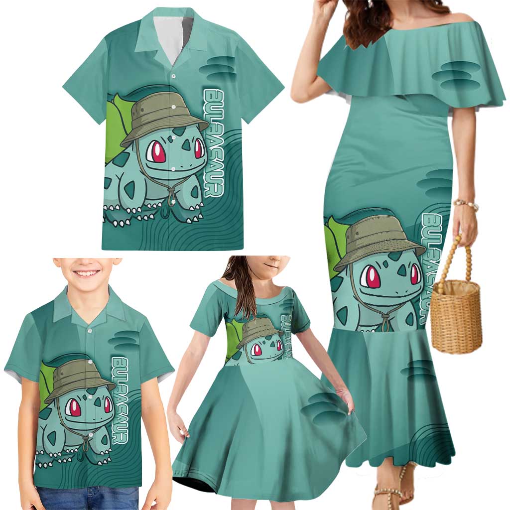 Bulbasaur Poké Family Matching Mermaid Dress and Hawaiian Shirt Explorer Jungle Chibi Style
