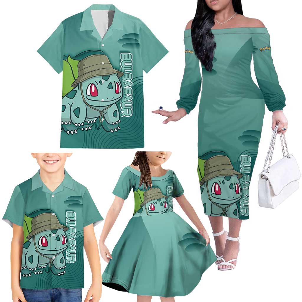 Bulbasaur Poké Family Matching Off The Shoulder Long Sleeve Dress and Hawaiian Shirt Explorer Jungle Chibi Style
