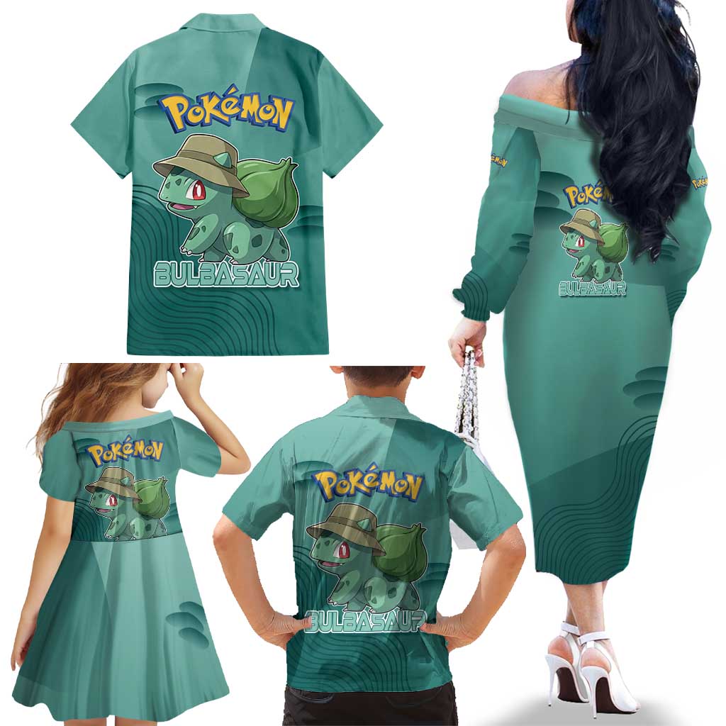 Bulbasaur Poké Family Matching Off The Shoulder Long Sleeve Dress and Hawaiian Shirt Explorer Jungle Chibi Style