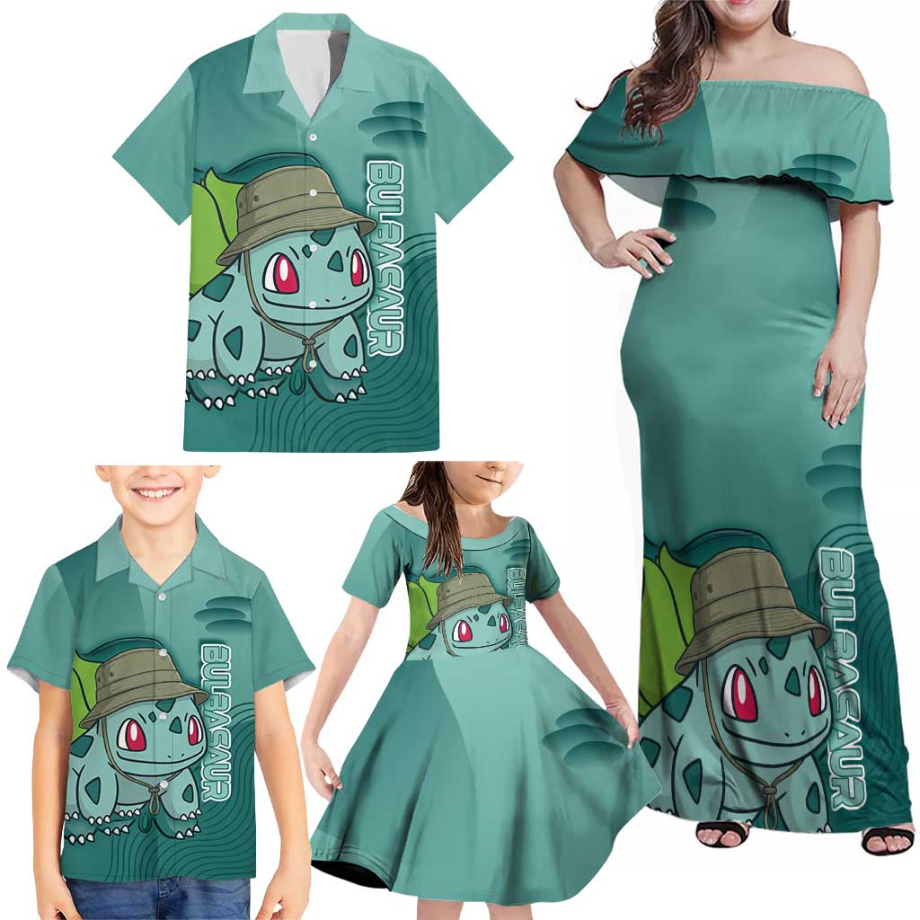 Bulbasaur Poké Family Matching Off Shoulder Maxi Dress and Hawaiian Shirt Explorer Jungle Chibi Style