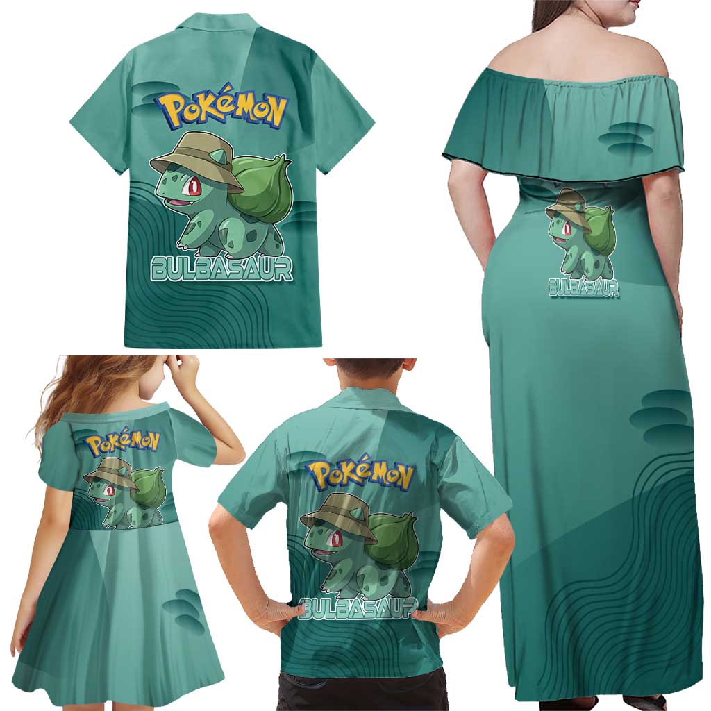 Bulbasaur Poké Family Matching Off Shoulder Maxi Dress and Hawaiian Shirt Explorer Jungle Chibi Style