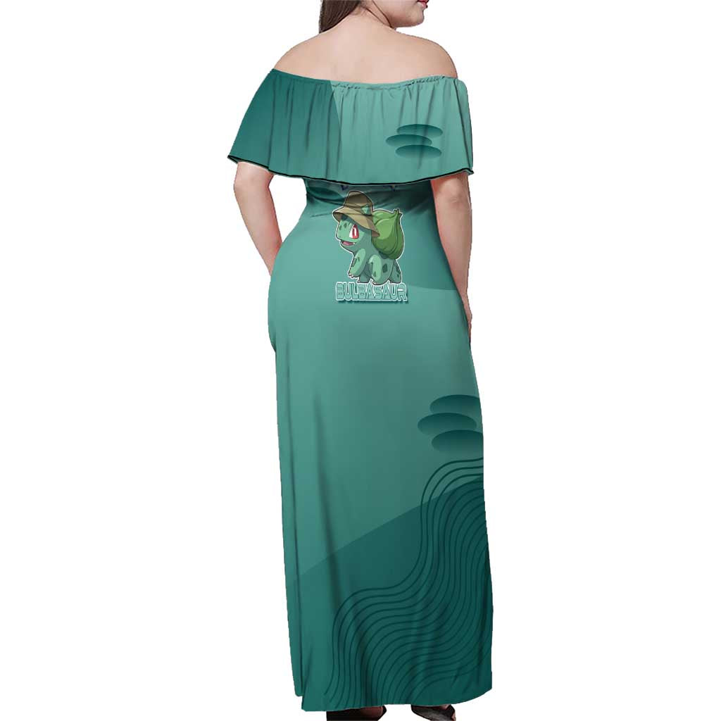 Bulbasaur Poké Family Matching Off Shoulder Maxi Dress and Hawaiian Shirt Explorer Jungle Chibi Style