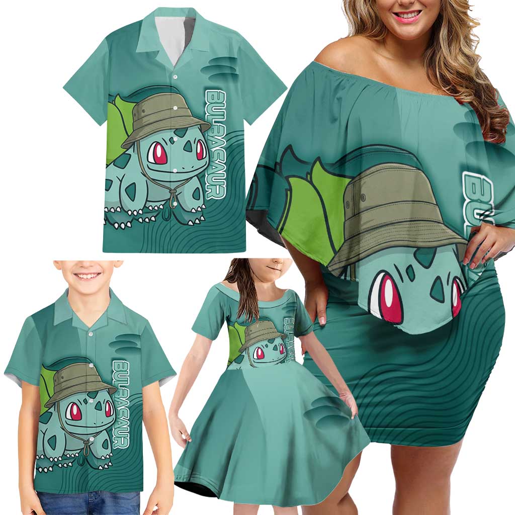 Bulbasaur Poké Family Matching Off Shoulder Short Dress and Hawaiian Shirt Explorer Jungle Chibi Style