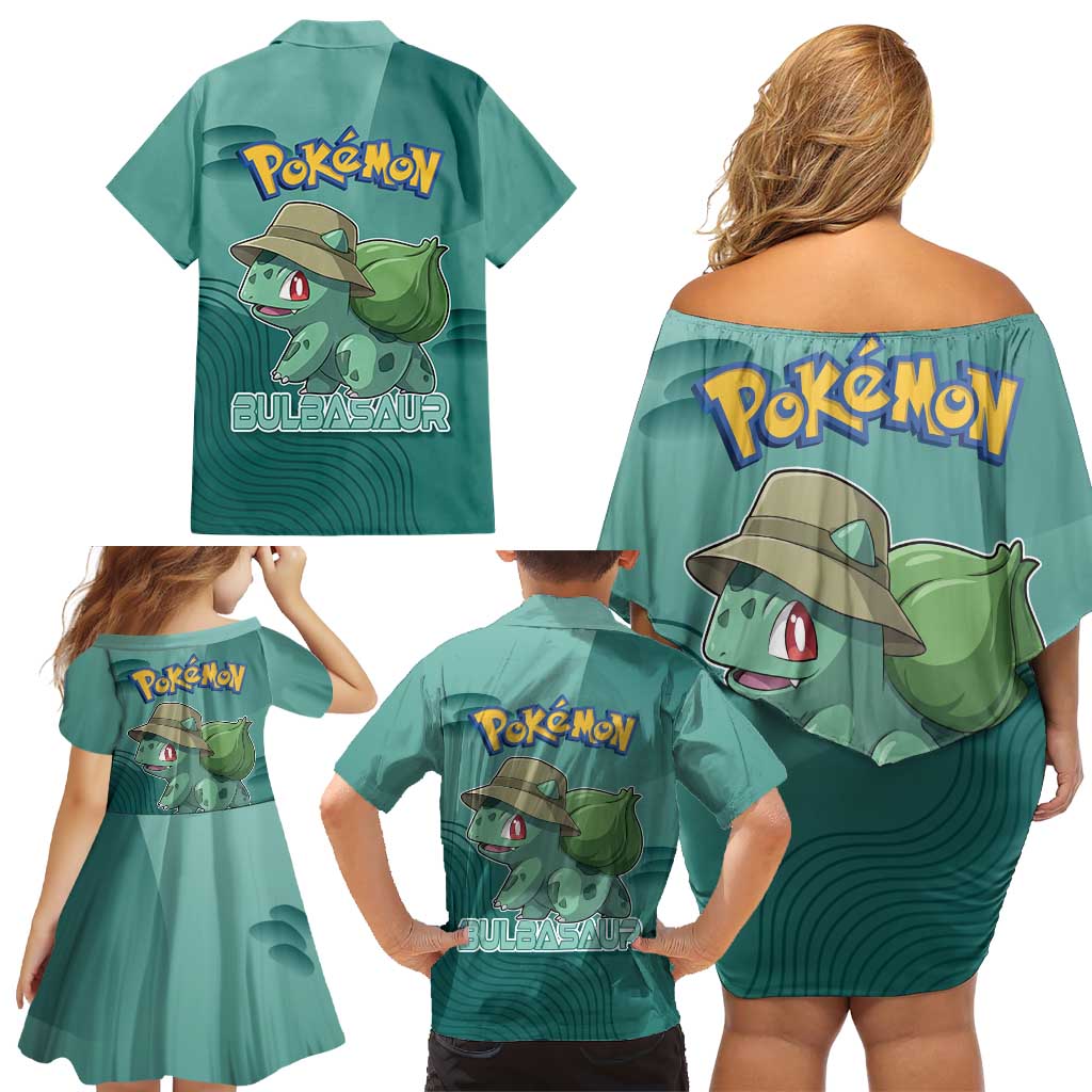 Bulbasaur Poké Family Matching Off Shoulder Short Dress and Hawaiian Shirt Explorer Jungle Chibi Style