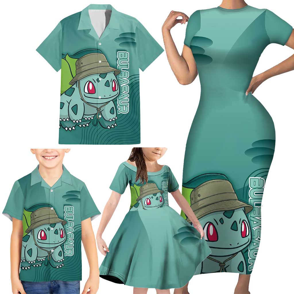 Bulbasaur Poké Family Matching Short Sleeve Bodycon Dress and Hawaiian Shirt Explorer Jungle Chibi Style