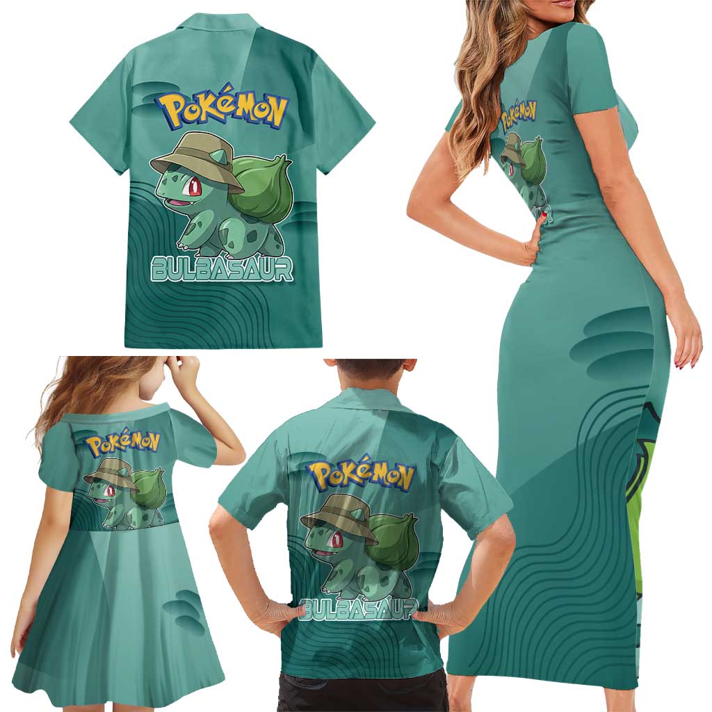 Bulbasaur Poké Family Matching Short Sleeve Bodycon Dress and Hawaiian Shirt Explorer Jungle Chibi Style