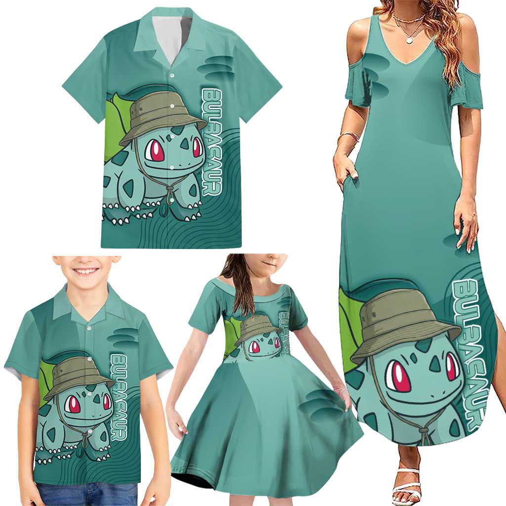 Bulbasaur Poké Family Matching Summer Maxi Dress and Hawaiian Shirt Explorer Jungle Chibi Style