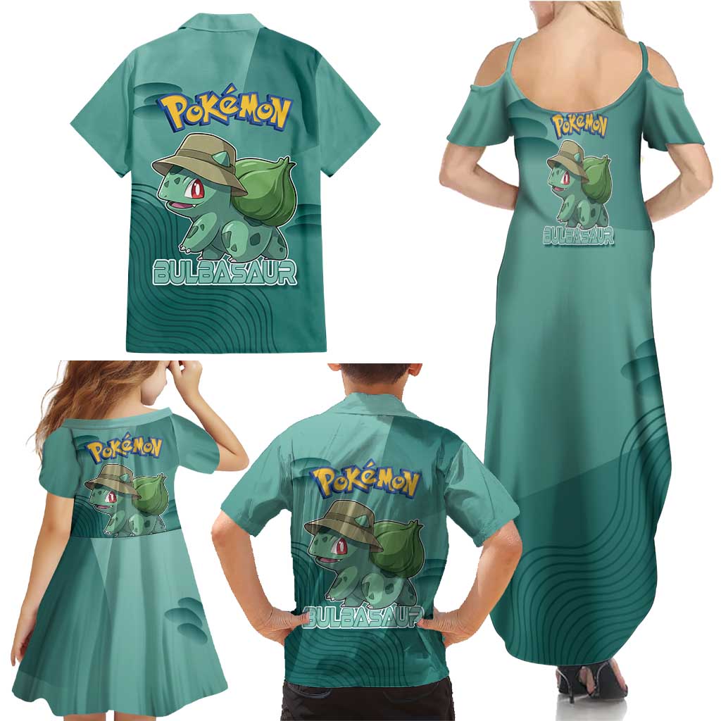Bulbasaur Poké Family Matching Summer Maxi Dress and Hawaiian Shirt Explorer Jungle Chibi Style
