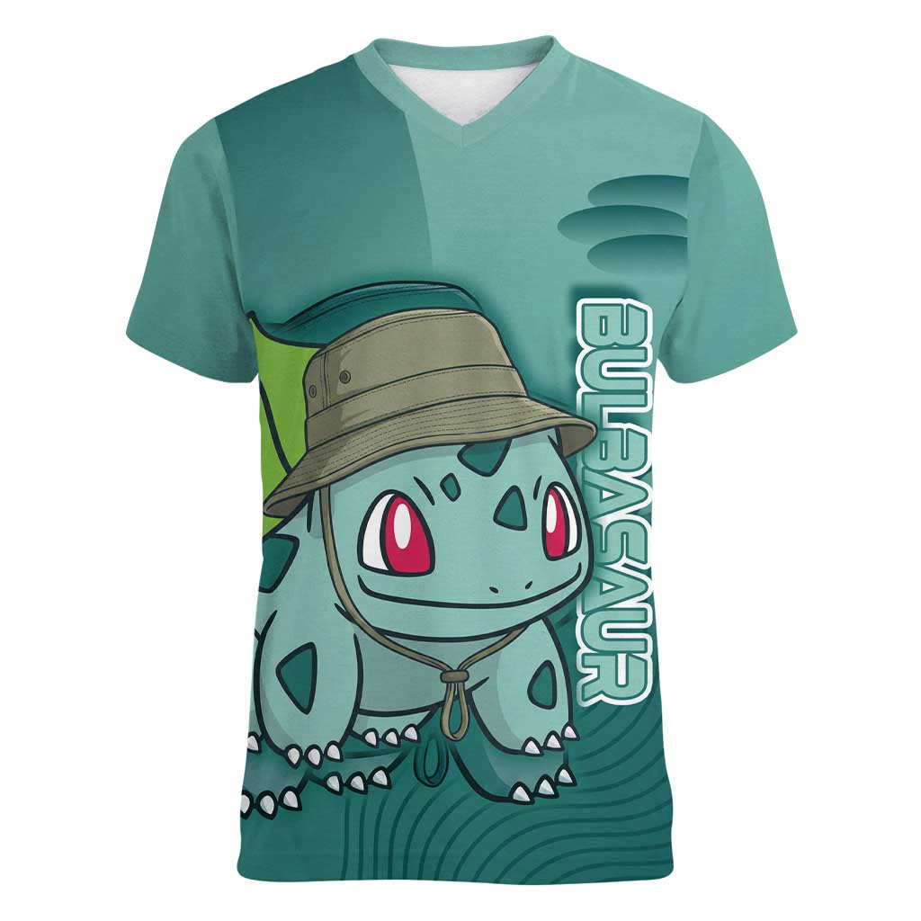 Bulbasaur Poké Women V-Neck T-Shirt Explorer Jungle Chibi Style