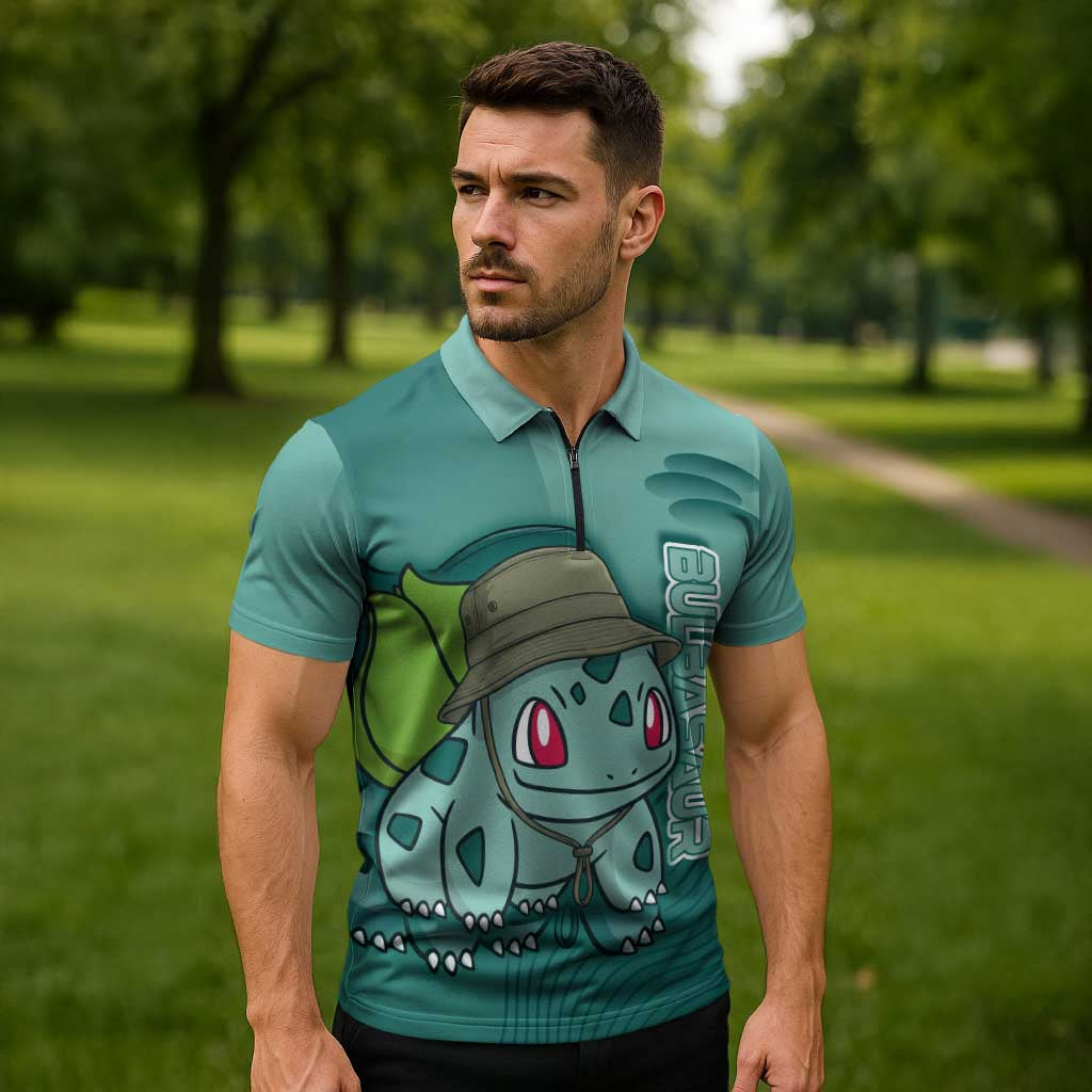 Bulbasaur Poké Zipper Polo Shirt Explorer Jungle Chibi Style
