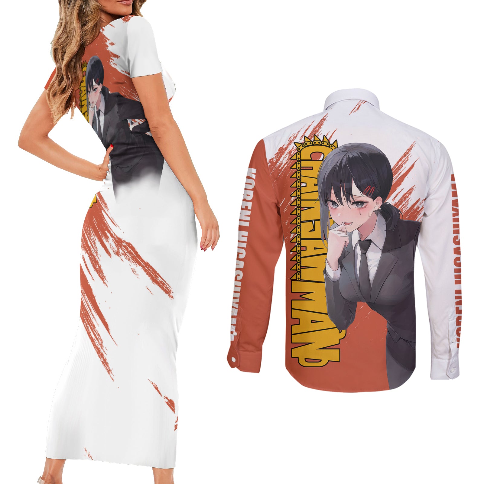 Kobeni Higashiyama Couples Matching Short Sleeve Bodycon Dress and Long Sleeve Button Shirt Chainsaw Man
