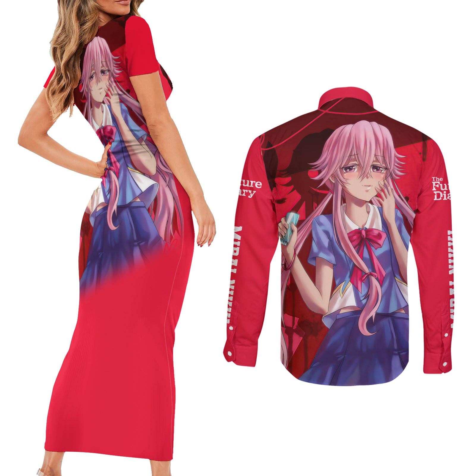 Yuno Gasai Future Diary Mirai Nikki Couples Matching Short Sleeve Bodycon Dress and Long Sleeve Button Shirt Anime Style