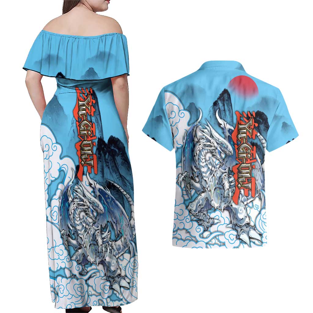 Blue-Eyes White Dragon Couples Matching Off Shoulder Maxi Dress and Hawaiian Shirt Anime Japan Art Style