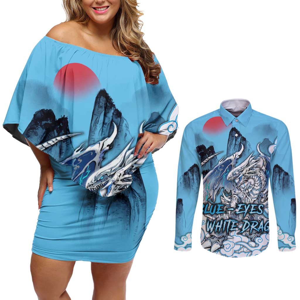 Blue-Eyes White Dragon Couples Matching Off Shoulder Short Dress and Long Sleeve Button Shirt Anime Japan Art Style