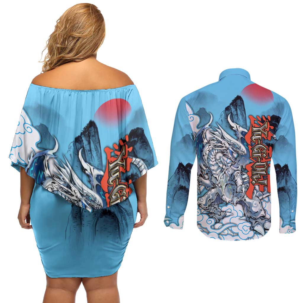 Blue-Eyes White Dragon Couples Matching Off Shoulder Short Dress and Long Sleeve Button Shirt Anime Japan Art Style