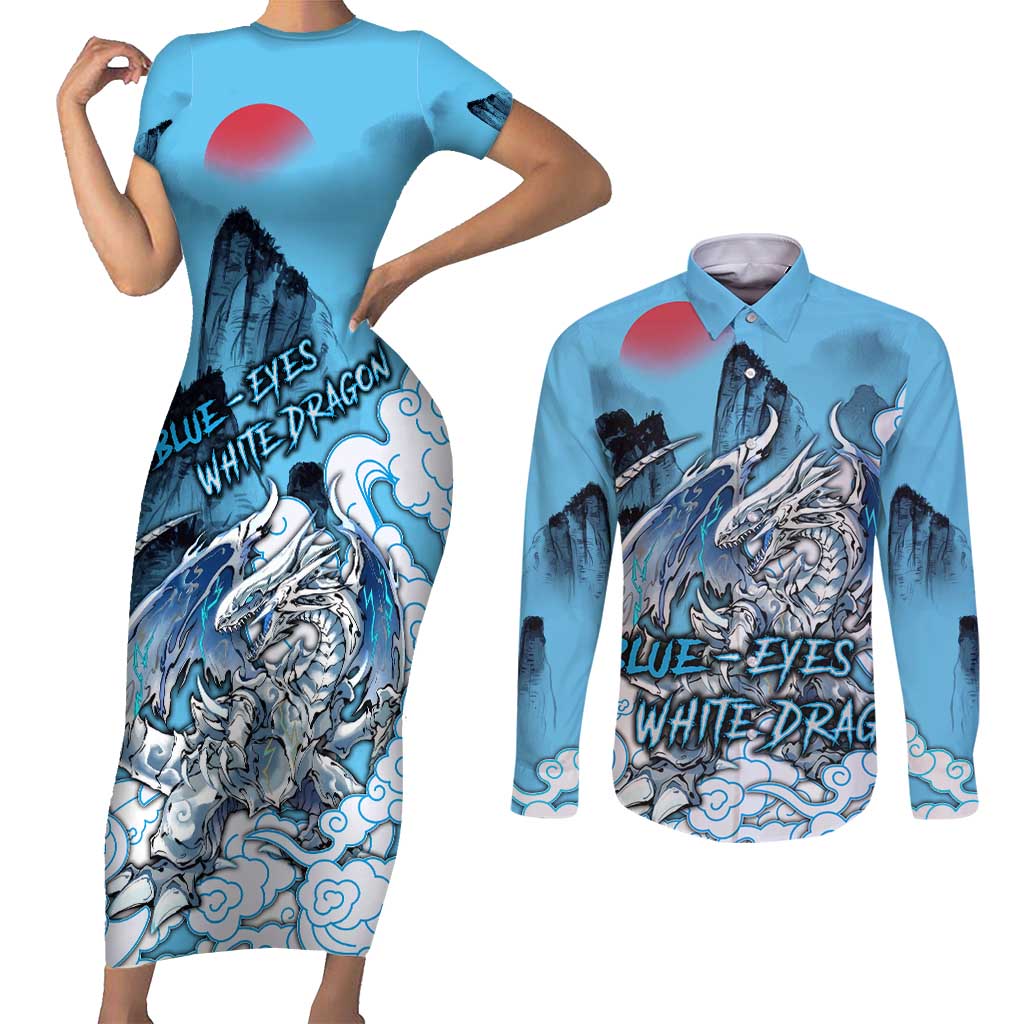Blue-Eyes White Dragon Couples Matching Short Sleeve Bodycon Dress and Long Sleeve Button Shirt Anime Japan Art Style